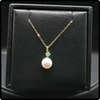 18k Gold Pearl And Emerald Pendant With 14k Chain