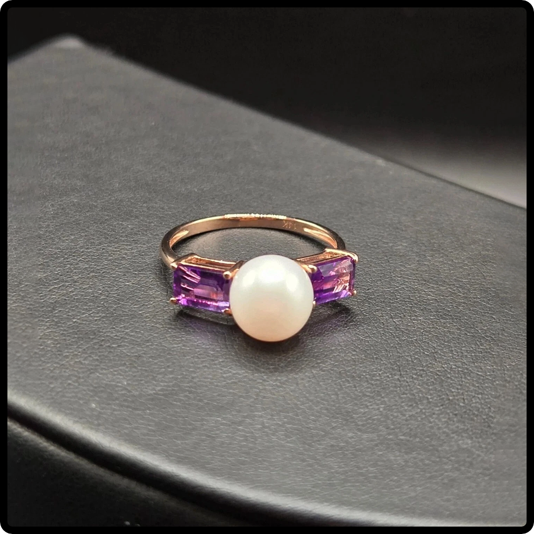 14k Gold Pearl & Amethyst Ring
