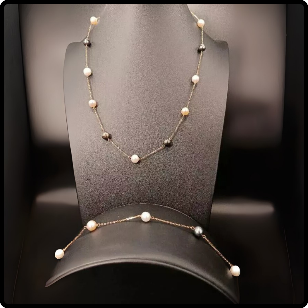 10k Gold 3 Color Pearl Necklace and Bracelet Set