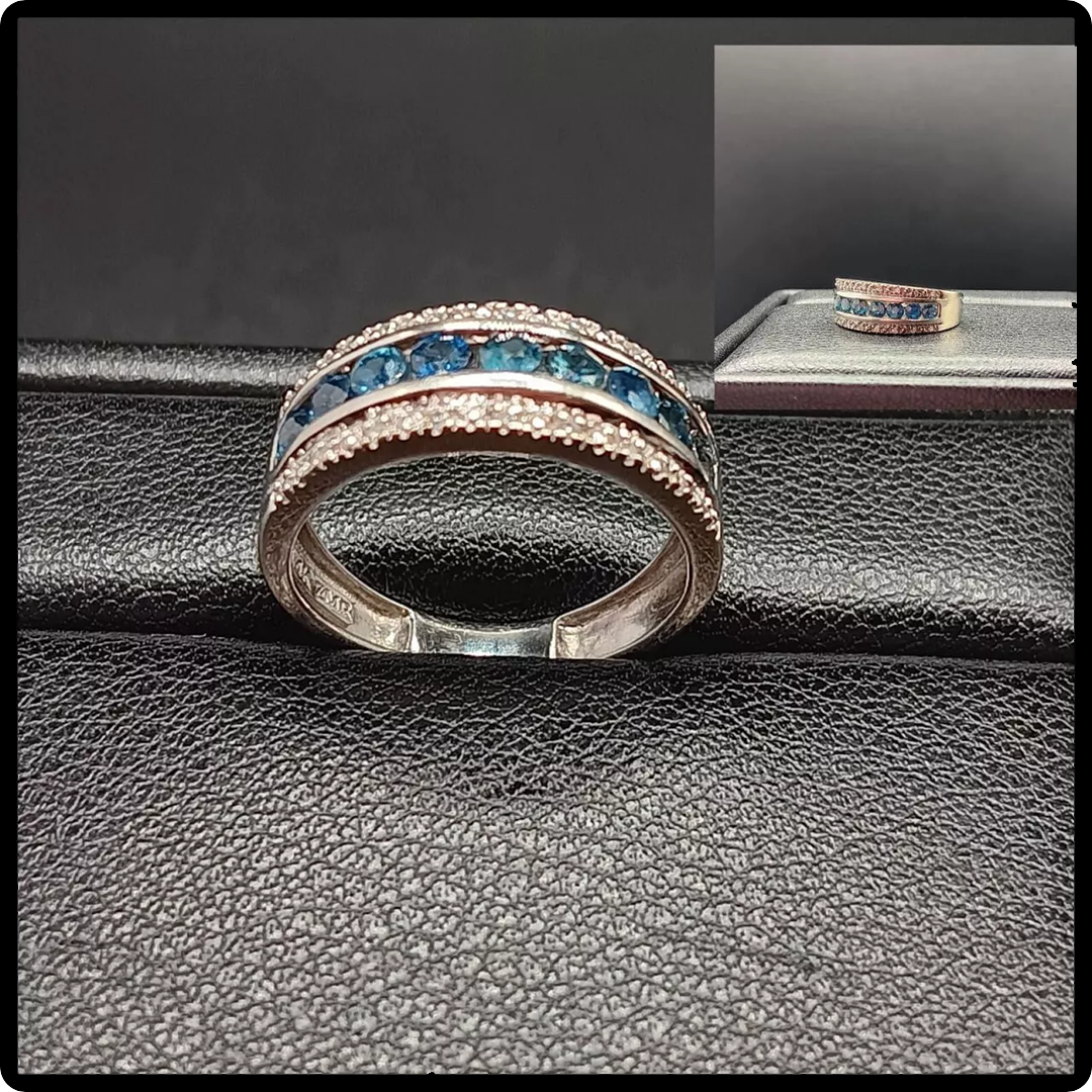14k White Gold Vintage Blue Topaz And Diamond Band